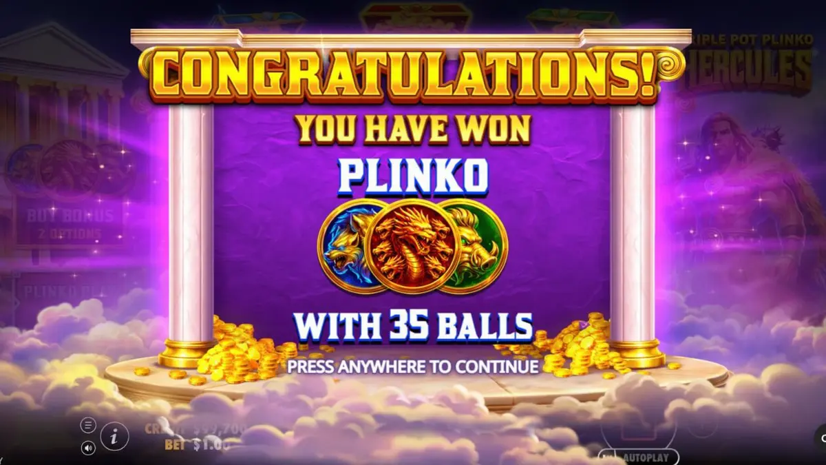 Tampilan visual slot Triple Pot Plinko – Hercules dengan latar belakang Gunung Olympus dan simbol mitologi.